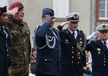 German Soldiers participate in a joint ceremony with U.S. Soldiers in Picauville, France