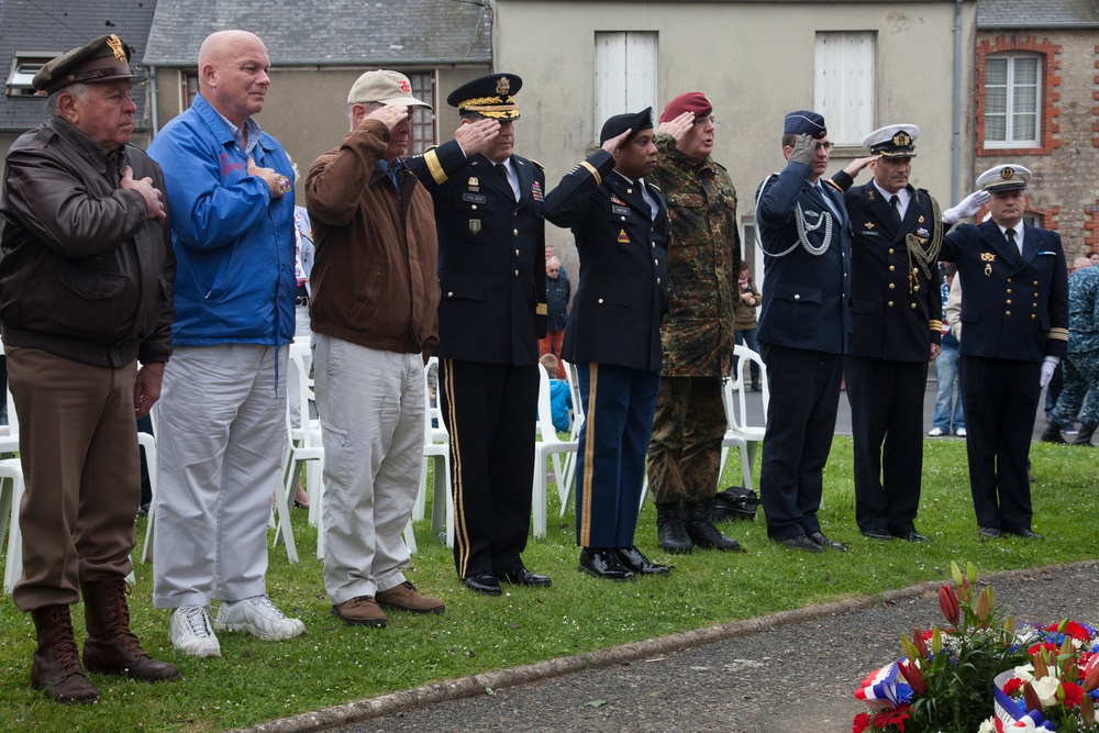 German Soldiers participate in a joint ceremony with U.S. Soldiers in Picauville, France