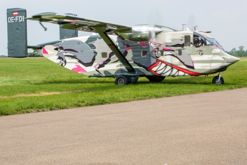 U.S. Army and Dutch and Belgium paratroopers conduct jump training from a Skyvan