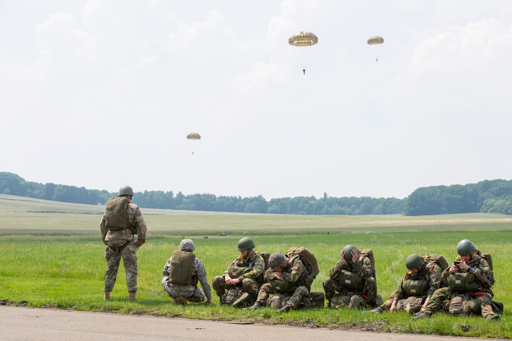 U.S. Army and Dutch and Belgium paratroopers conduct jump training from a Skyvan