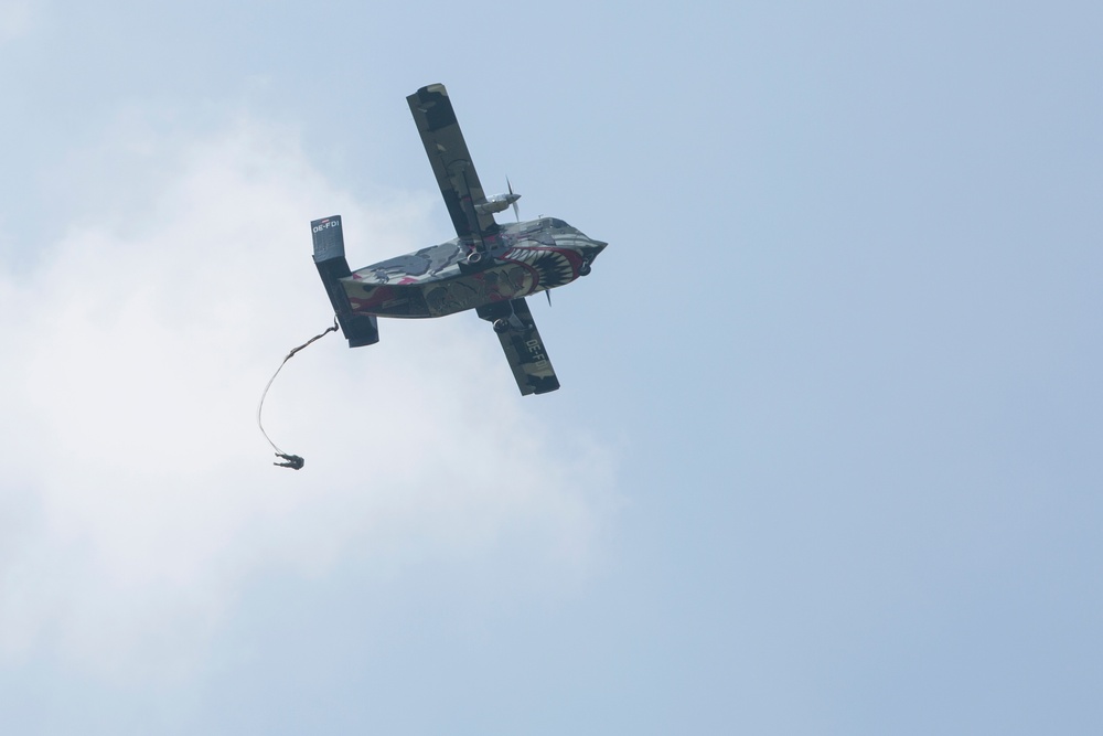 U.S. Army and Dutch and Belgium paratroopers conduct jump training from a Skyvan