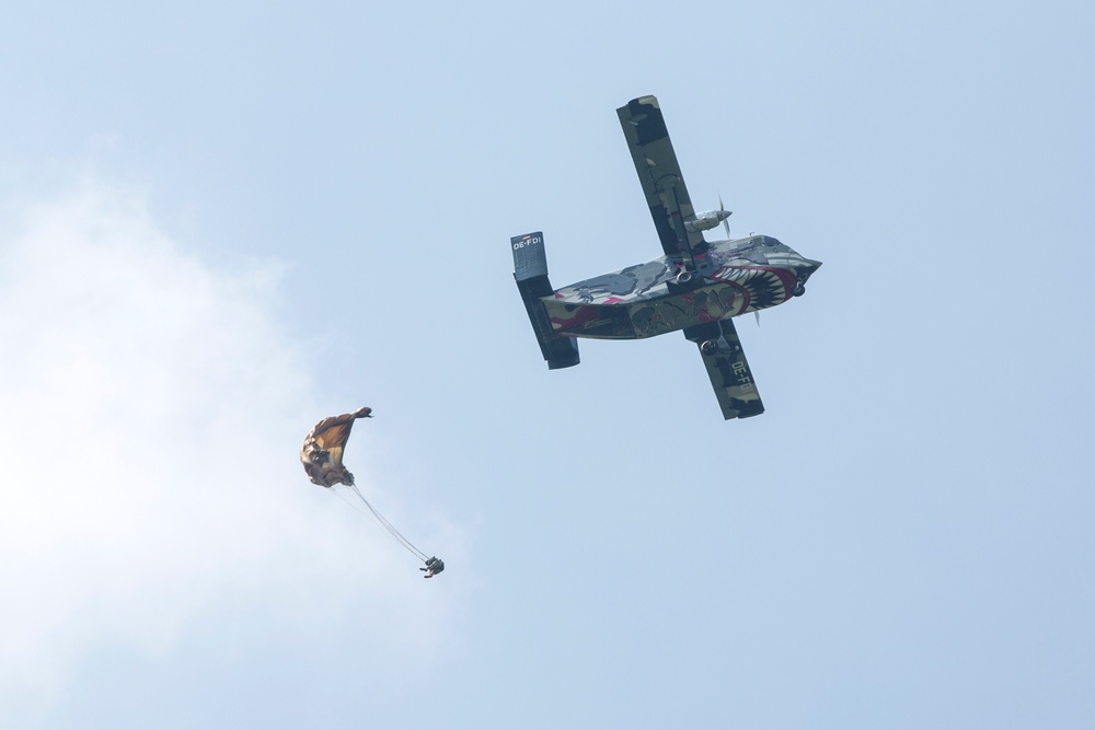 U.S. Army and Dutch and Belgium paratroopers conduct jump training from a Skyvan