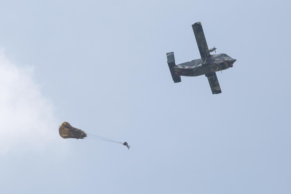 U.S. Army and Dutch and Belgium paratroopers conduct jump training from a Skyvan