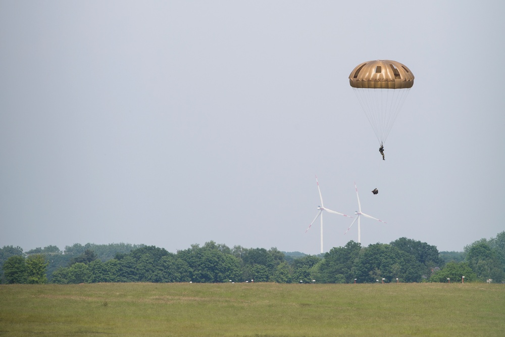 U.S. Army and Dutch and Belgium paratroopers conduct jump training from a Skyvan