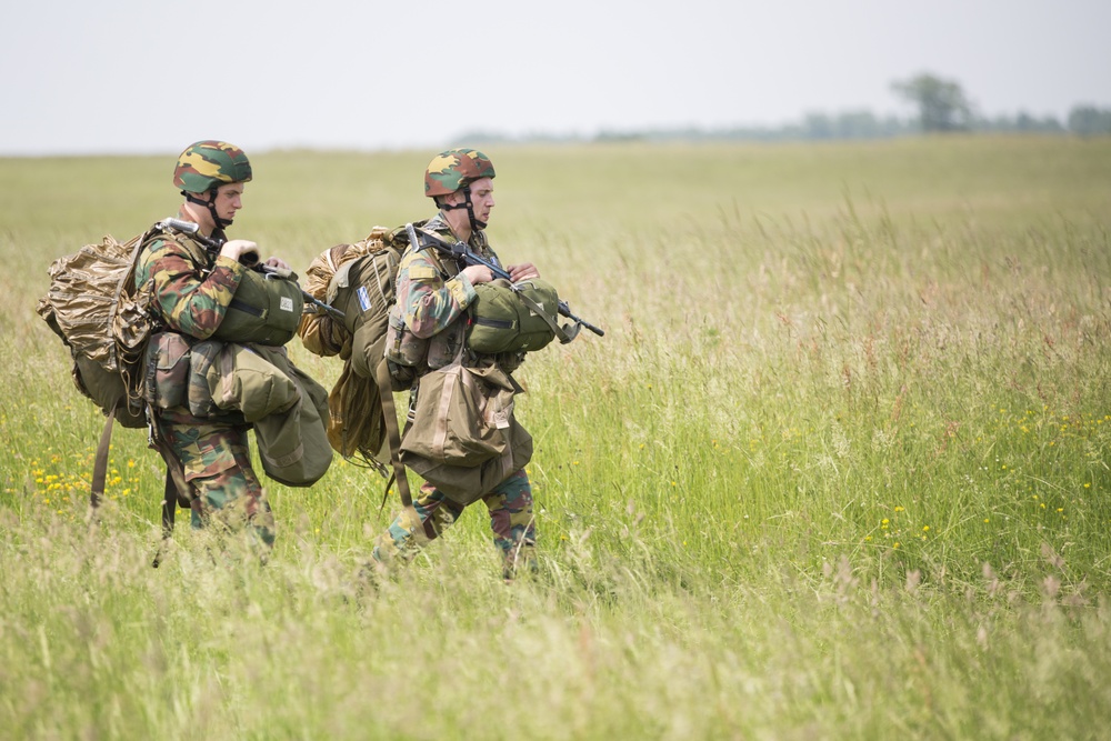 U.S. Army and Dutch and Belgium paratroopers conduct jump training from a Skyvan