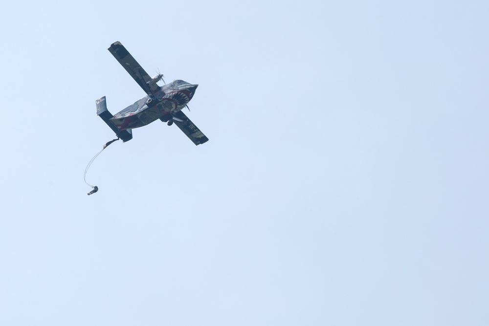 U.S. Army and Dutch and Belgium paratroopers conduct jump training from a Skyvan