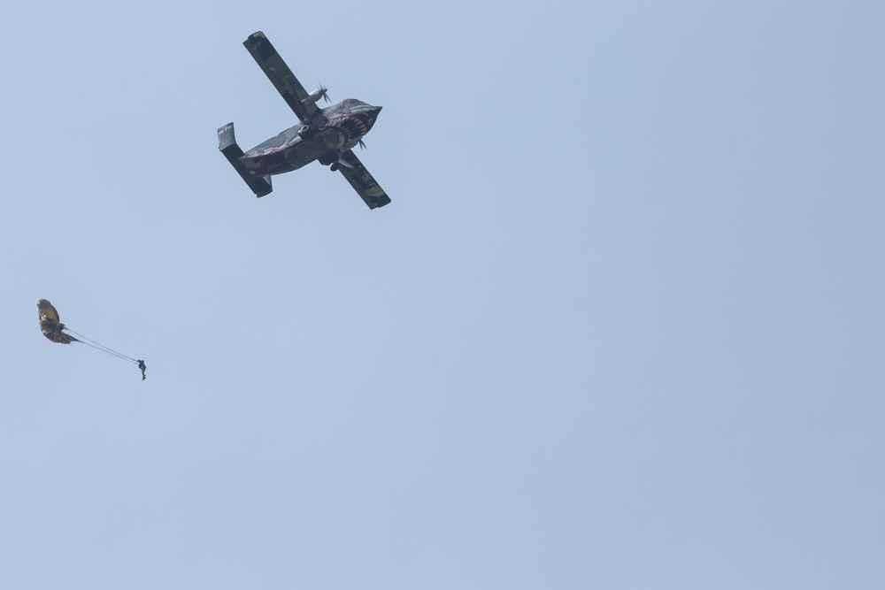 U.S. Army and Dutch and Belgium paratroopers conduct jump training from a Skyvan