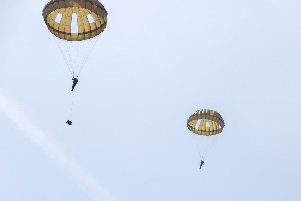 U.S. Army and Dutch and Belgium paratroopers conduct jump training from a Skyvan