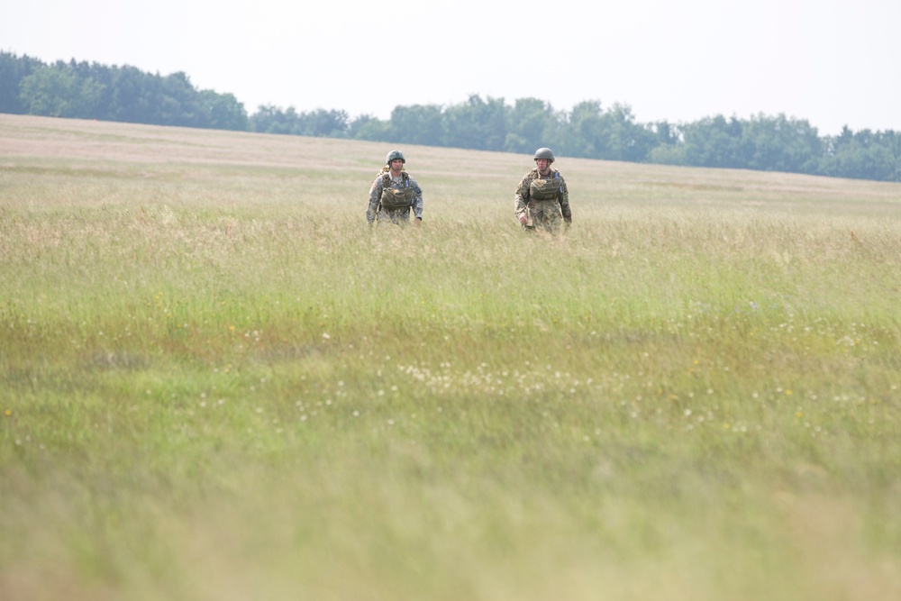 U.S. Army and Dutch and Belgium paratroopers conduct jump training from a Skyvan