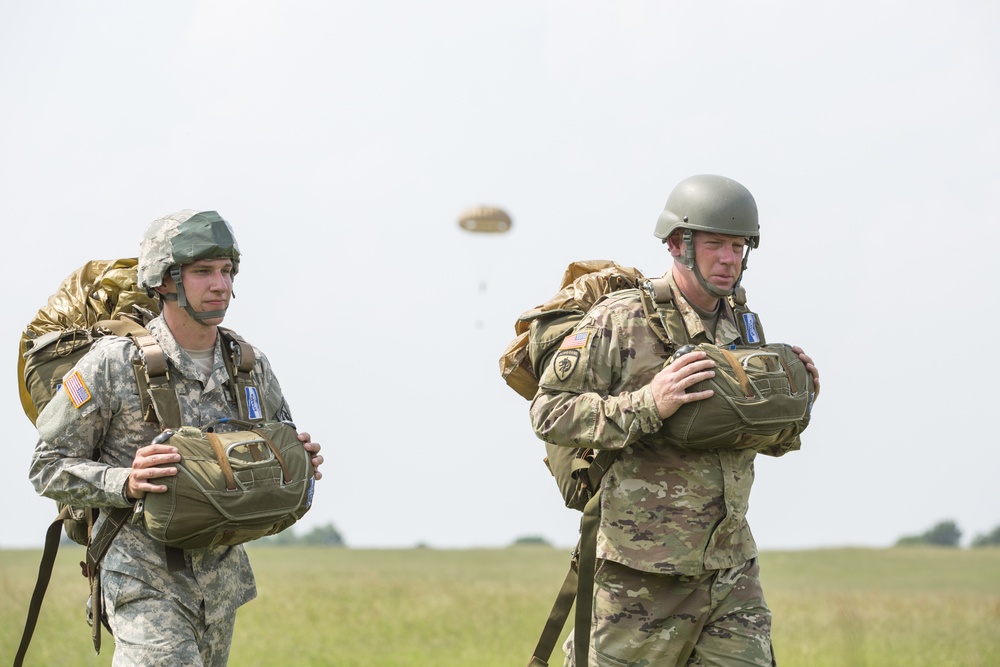 U.S. Army and Dutch and Belgium paratroopers conduct jump training from a Skyvan