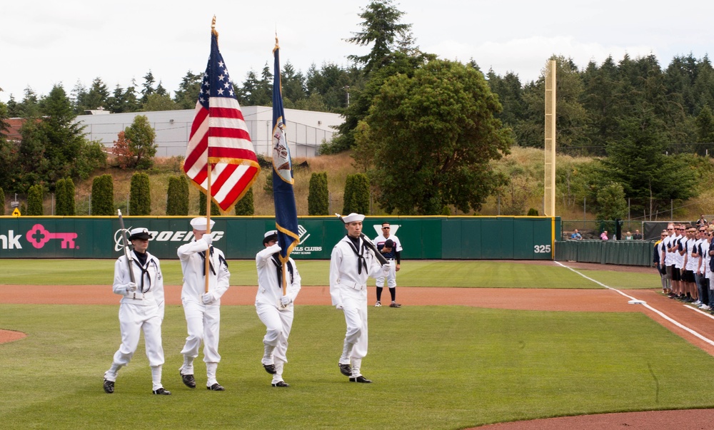170611-N-VH385-087 TACOMA, Wash. (June 11, 2017) The 12th Marine Corps  District's Honor Guard presents the colors during the Tacoma Rainiers  Salute to Armed Forces Day at Cheney Field. The Rainiers, the Seattle