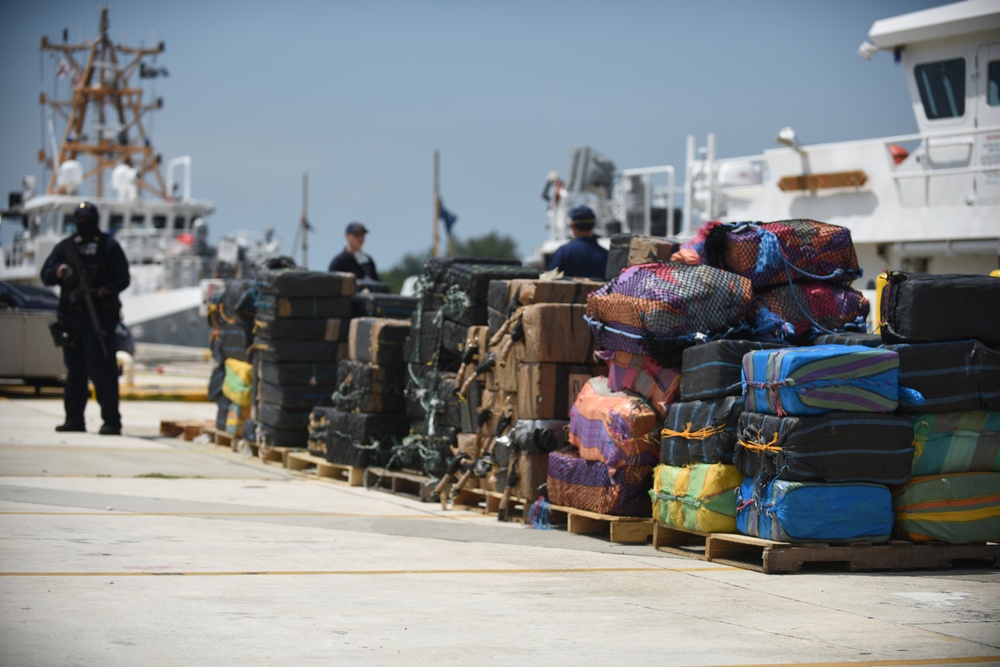 A view of approximately eight tons of seized cocaine offloaded from Coast Guard Cutter Bernard C. Webber to Coast Guard Base Miami Beach on June 13, 2016.