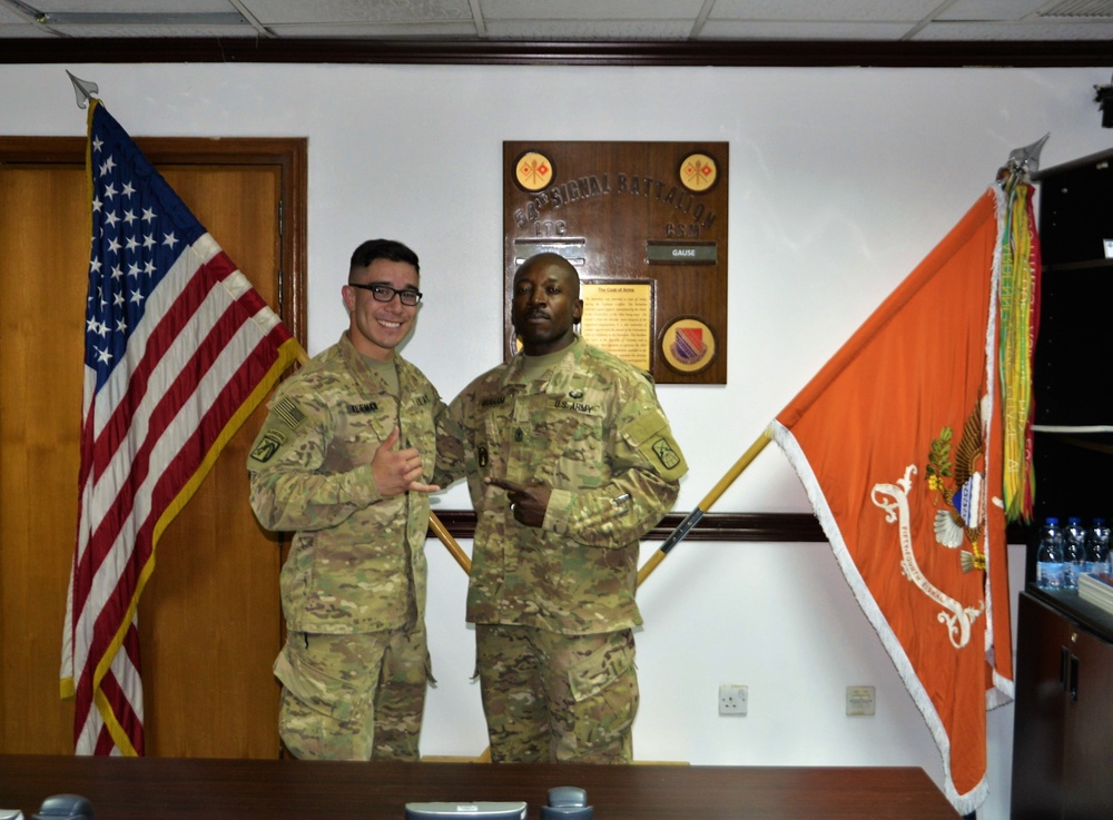 Former Drill Sergeant Reunites with Basic Trainee at Frocking Ceremony while Deployed