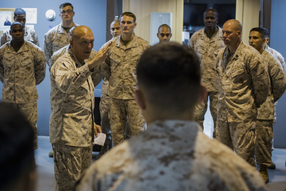 Lt. Gen. Beydler and Sgt. Maj. Fineran visit the Marines and Sailors of 5th MEB