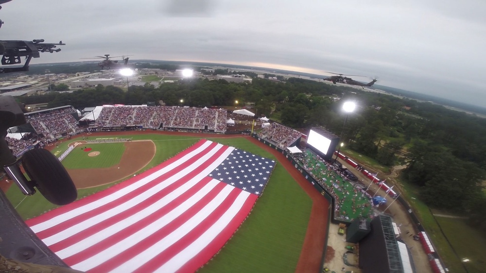 Blackhawk flyover at MLB Fort Bragg Game