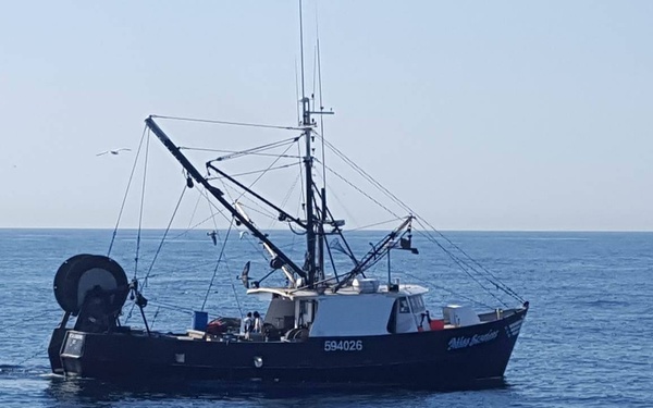 A dark-hulled commercial fishing vessel with registration number 594026 and a partially visible name reading 'Atlas...' is stationary on calm open ocean. A small orange rigid inflatable boat (RIB) with two occupants wearing red jackets approaches the fishing vessel. Multiple seabirds are visible in the sky around the scene.