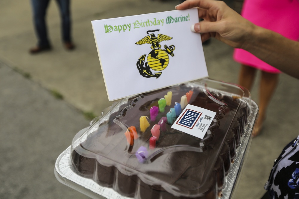 Surprise birthday cake for Pfc. Isom, thanks to USO and family