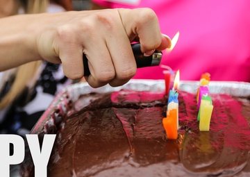 Surprise birthday cake for Pfc. Isom, thanks to USO and family