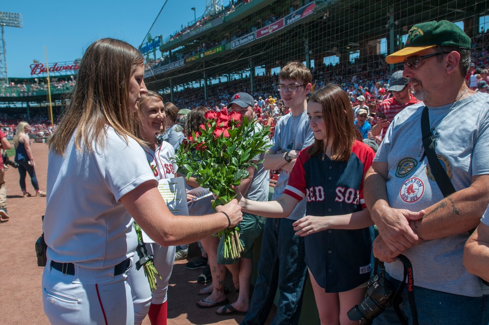 Ball Girls Hand Roses to Gold Star Family