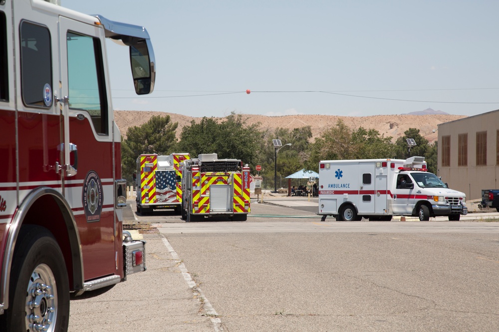 Fire and Emergency Services respond to a hazardous material leak aboard Marine Corps Logistics Base Barstow, Calif., June 29.