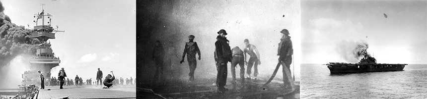 Photos of a ship burning from the Battle of Midway