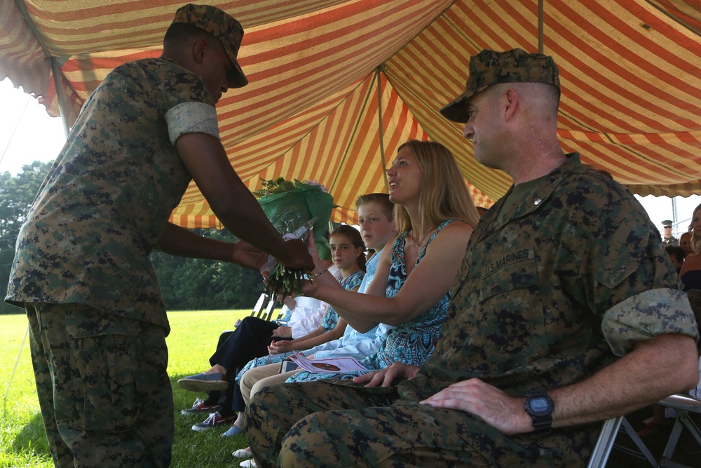 Marines with 2nd TSB conduct a change of command ceremony.