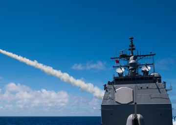 USS Princeton (CG 59) fires an RGM-84 Harpoon anti-ship missile during RIMPAC 2016