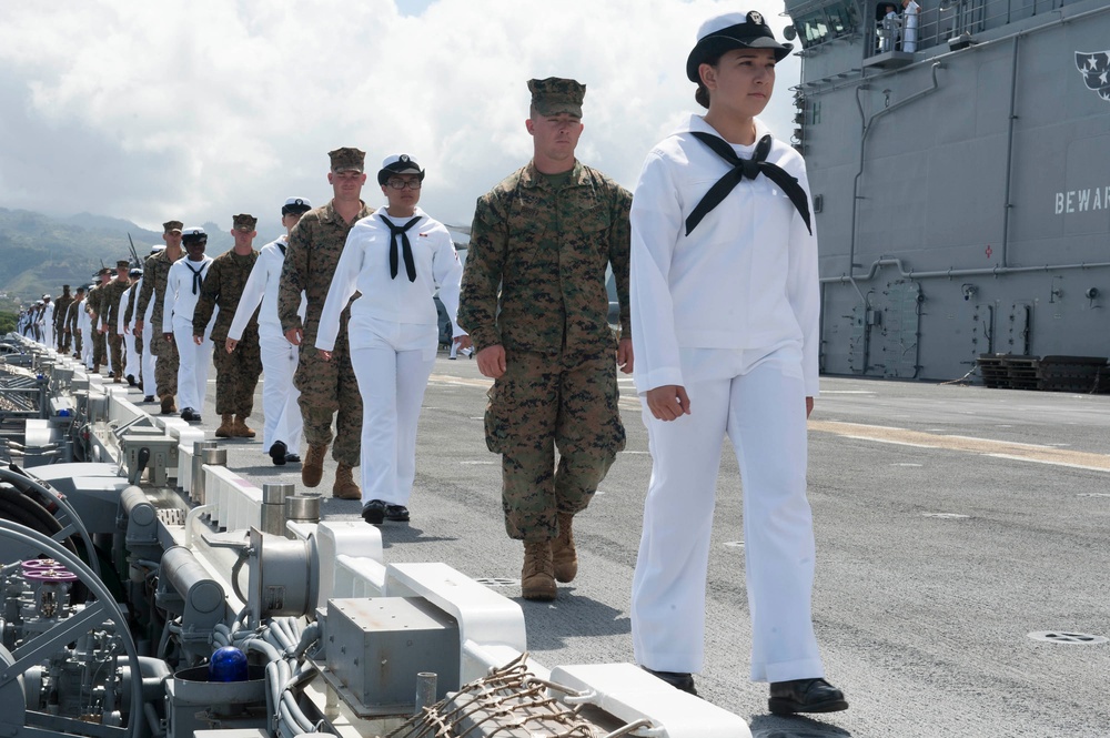 America Mans the Rails while leaving Joint Base Pearl Harbor-Hickam for RIMPAC 2016