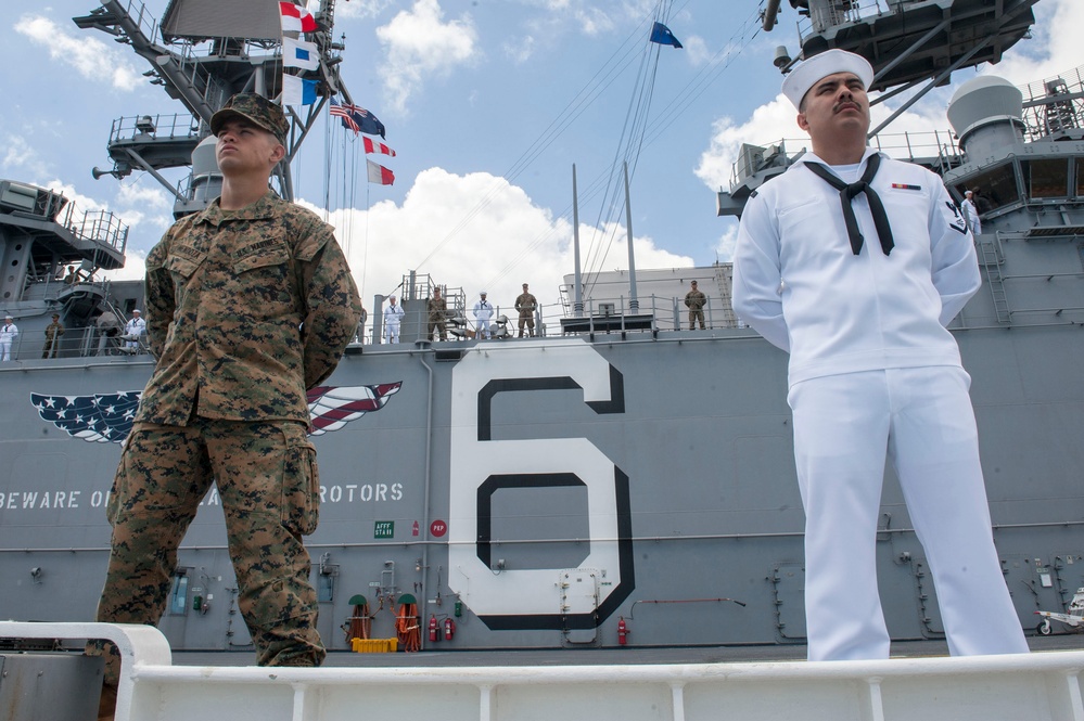 America Mans the Rails while leaving Joint Base Pearl Harbor-Hickam for RIMPAC 2016