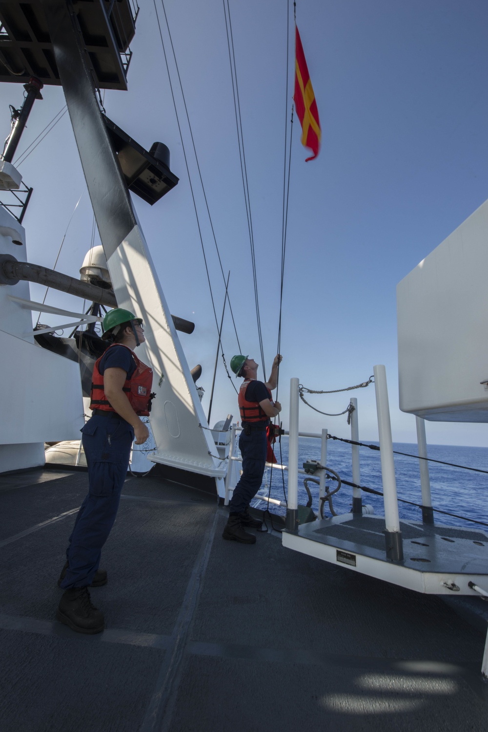 Coast Guard Cutter Stratton communicates with Navy fueling vessel