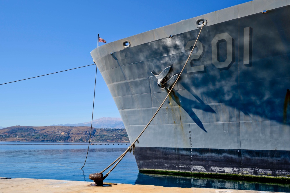 Military Sealift Command’s fleet replenishment oiler USNS Patuxent (T-AO-201) moored in Souda Bay