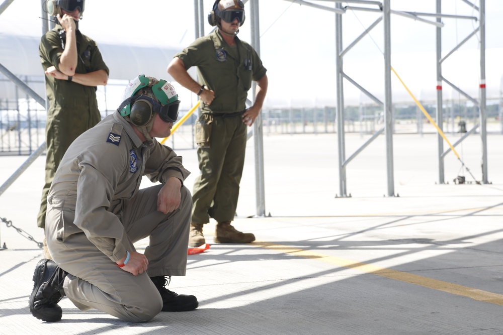 British Armed Forces attached to Marine Fighter Attack Training Squadron 501 recieve a new F-35B Lightning II