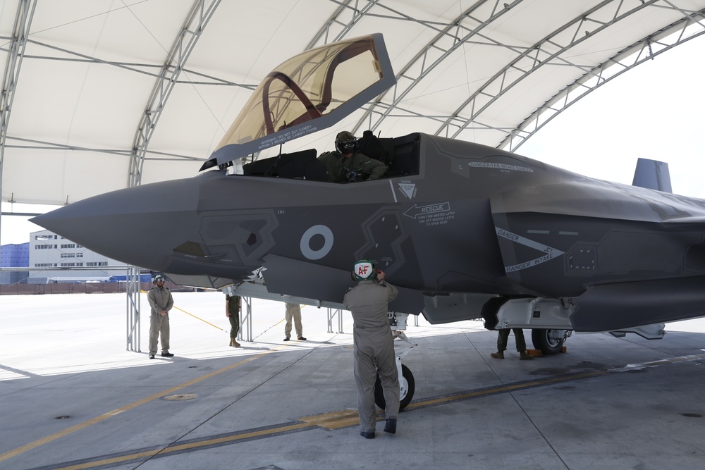 British Armed Forces attached to Marine Fighter Attack Training Squadron 501 recieve a new F-35B Lightning II