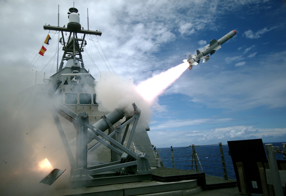 USS Coronado (LCS 4) launches harpoon missile during RIMPAC