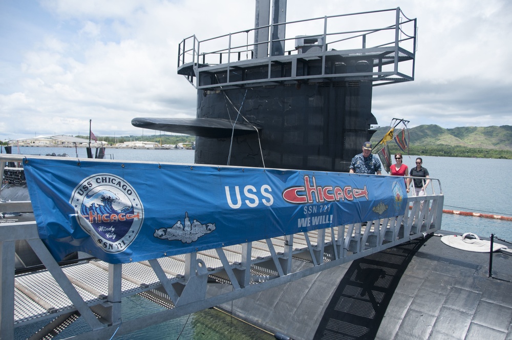 USS Chicago CO leads UNSECNAV and her COS across the brow following tour of USS Chicago (SSN 721) July 22