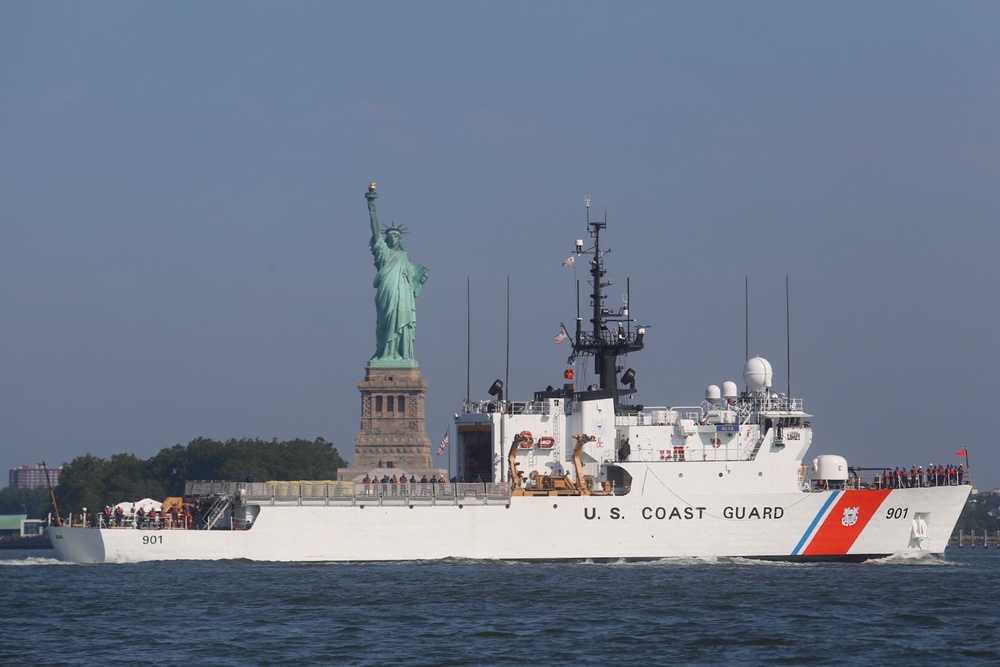 Coast Guard Cutter Bear transits near the Statue of Liberty