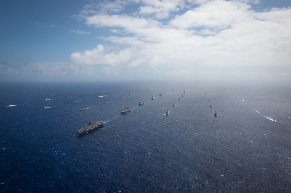 Forty Ships and Submarines Steam in Close Formation During RIMPAC