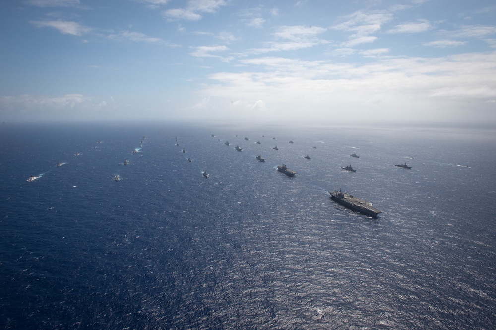 Forty Ships and Submarines Steam in Close Formation During RIMPAC