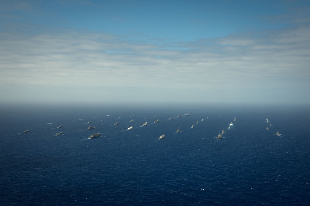 Forty Ships and Submarines Steam in Close Formation During RIMPAC