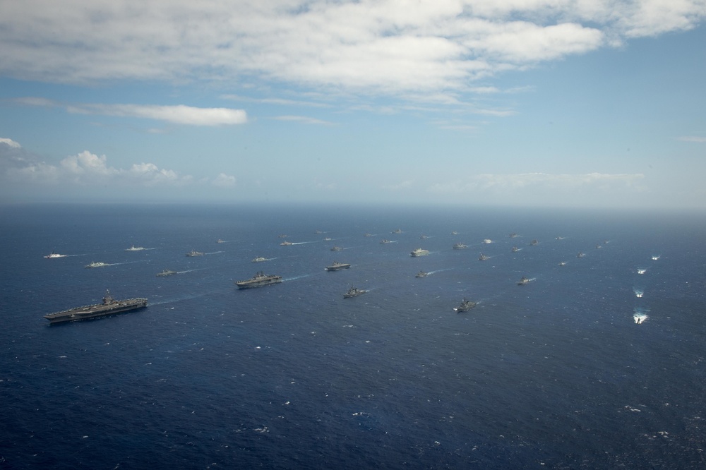 Forty Ships and Submarines Steam in Close Formation During RIMPAC