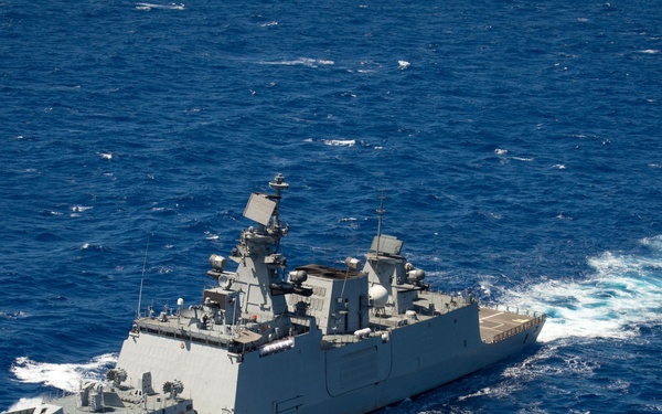 Forty Ships and Submarines Steam in Close Formation During RIMPAC - INS Satpura (F48)