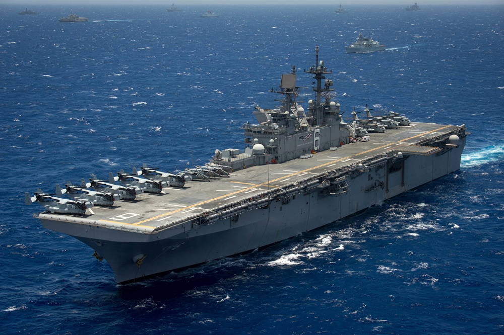 Forty Ships and Submarines Steam in Close Formation During RIMPAC - USS America (LHA 6)