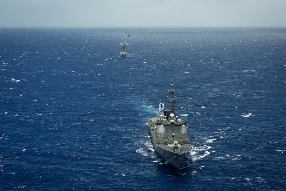 Forty Ships and Submarines Steam in Close Formation During RIMPAC - ROKS Sejong the Great (DDG 991)