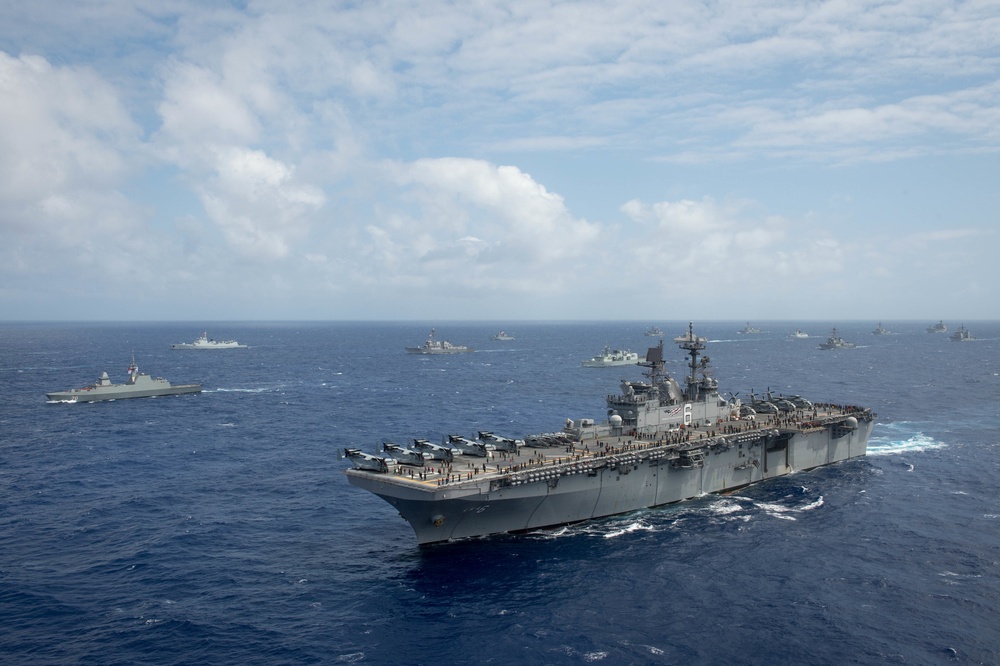 Forty Ships and Submarines Steam in Close Formation During RIMPAC - USS America (LHA 6)