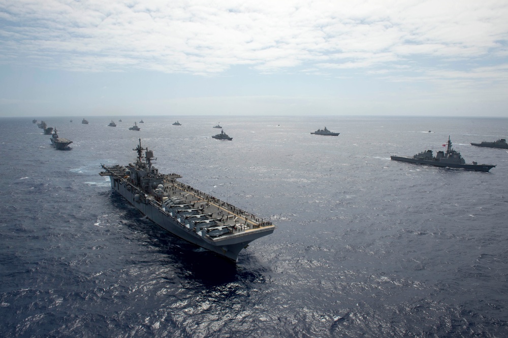 Forty Ships and Submarines Steam in Close Formation During RIMPAC - USS America (LHA 6)