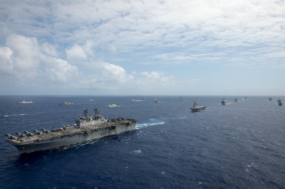 Forty Ships and Submarines Steam in Close Formation During RIMPAC - USS America (LHA 6)