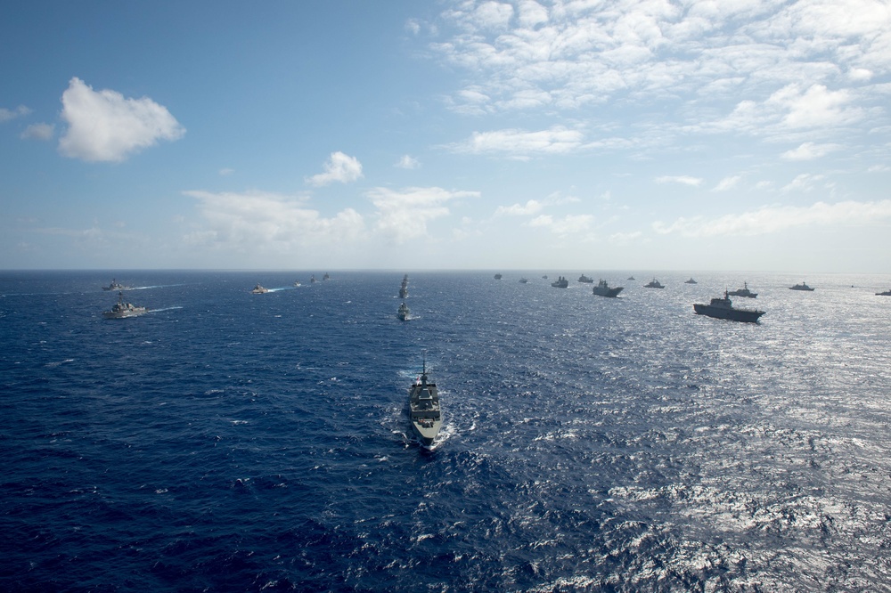 Forty Ships and Submarines Steam in Close Formation During RIMPAC