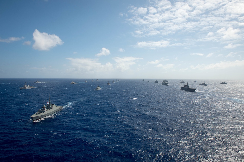 Forty Ships and Submarines Steam in Close Formation During RIMPAC