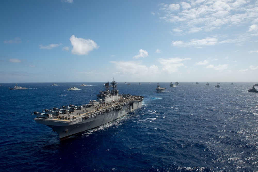 Forty Ships and Submarines Steam in Close Formation During RIMPAC - USS America (LHA 6)