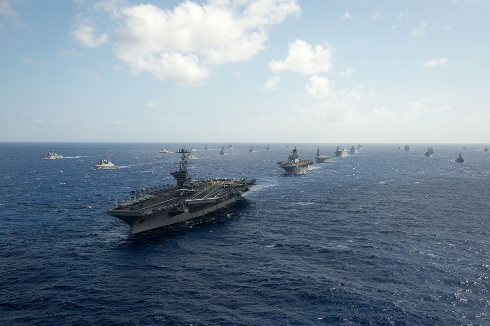 Forty Ships and Submarines Steam in Close Formation During RIMPAC